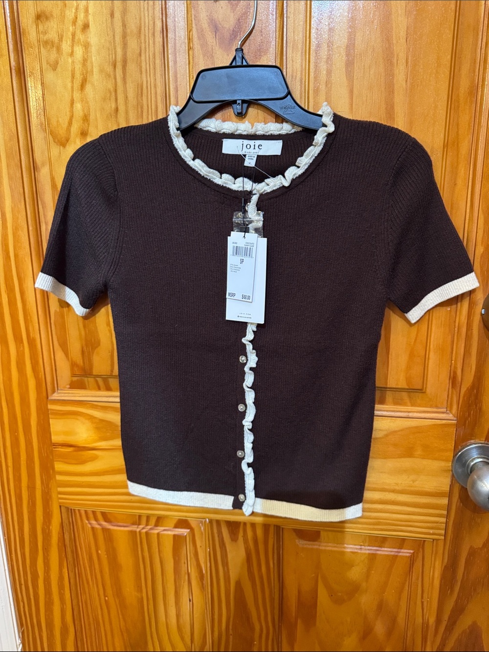 Joie Brown Short-Sleeve Knit Top with Cream Trim